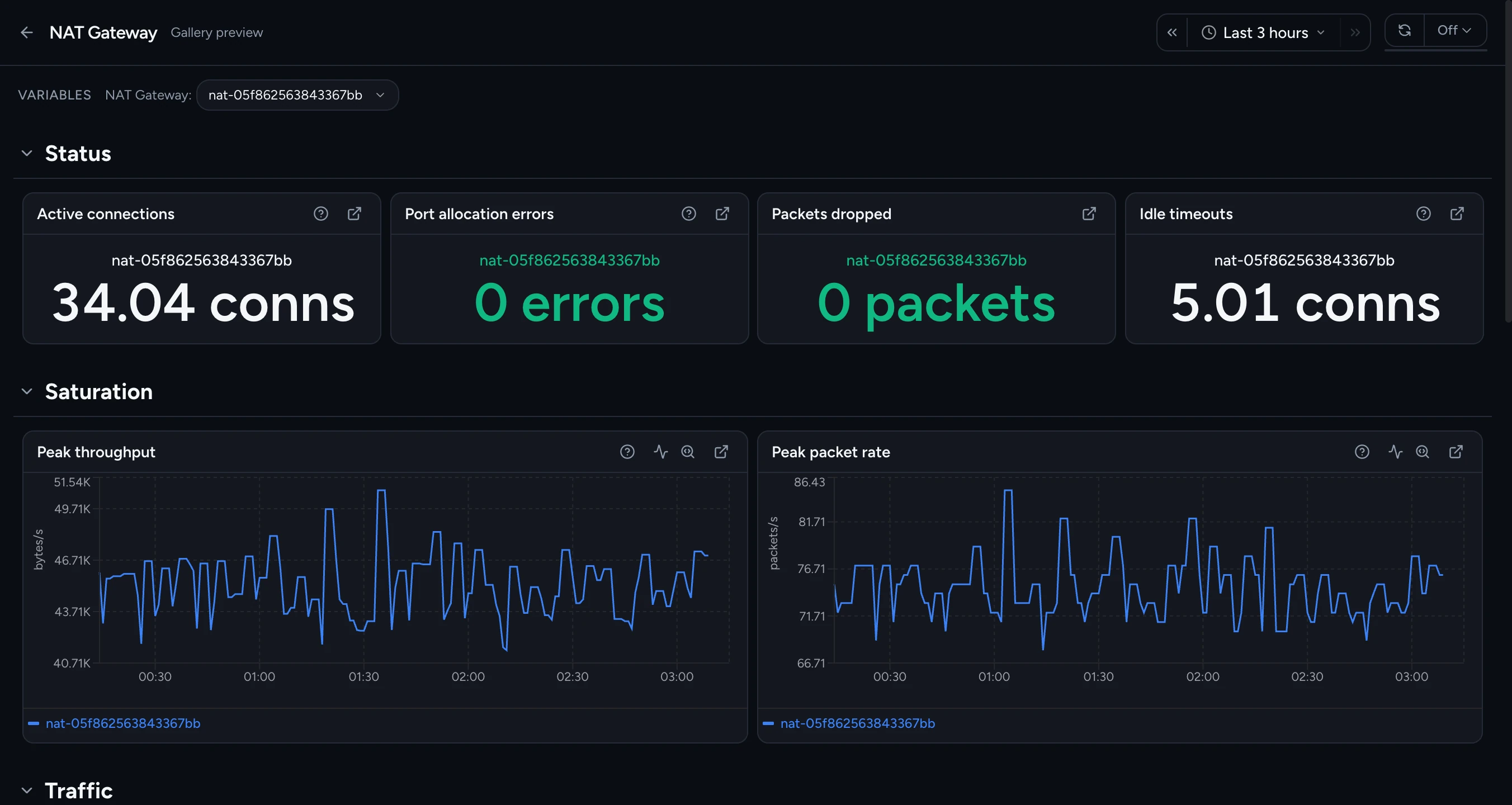 Cardinal NAT Gateway dashboard: Status tiles for Active connections, Port allocation errors, Packets dropped, and Idle timeouts, above Saturation time series for peak throughput and peak packet rate.